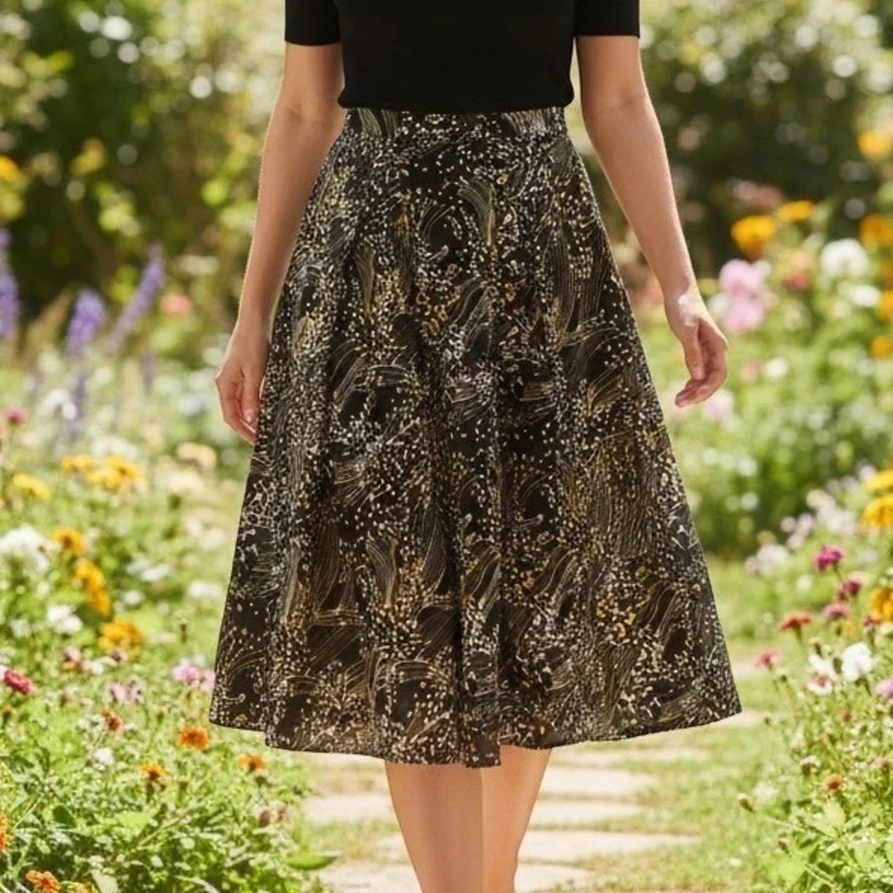 Sag Harbor Womens Abstract Print A-Line Midi Skirt Black‎ Yellow Size Medium